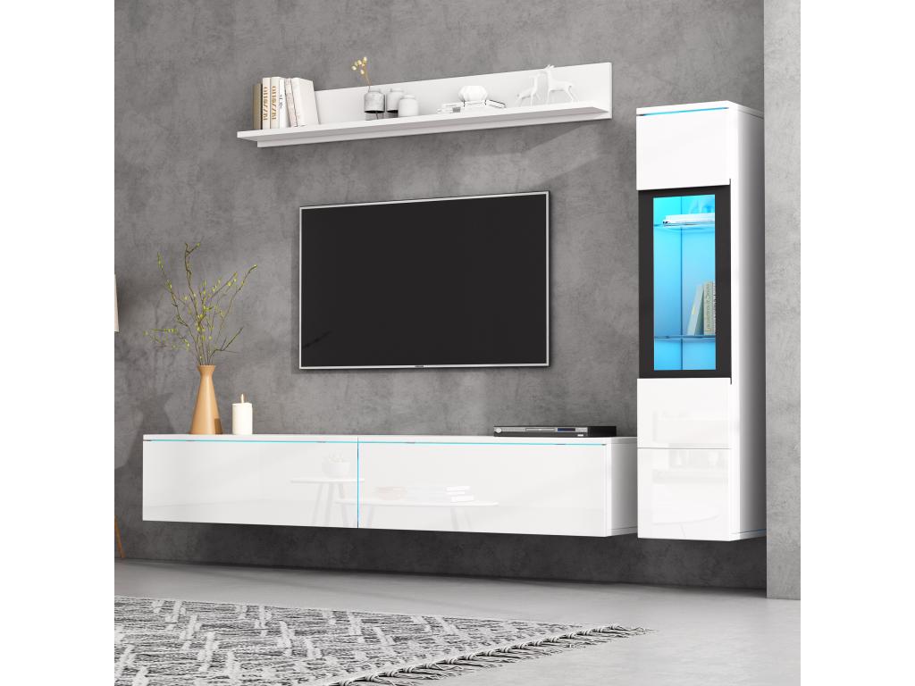 Wall-mounted TV unit with display cabinet - LEDs - Particleboard - Glossy white EPIL15844