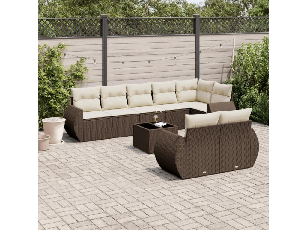 Garden furniture set with cushions, 9 pieces, brown woven resin, ZNEJ41893