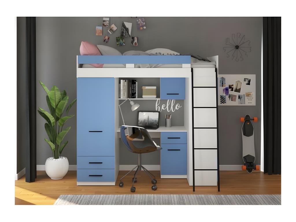 Lysvia P 90x200cm Mezzanine Bed with Ladder, Wardrobe, Desk, Bookshelf and Many Shelves, White/Blue PLGC25188