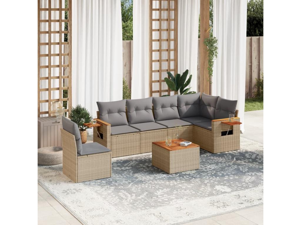 7-piece garden furniture set with cushions, beige woven resin UFOH21631
