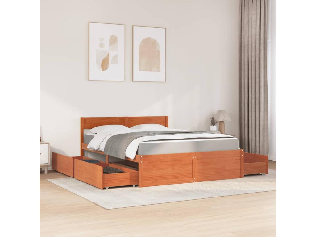 Bed with drawers/brown waxed mattress 160x200 cm solid pine wood VEFW55955