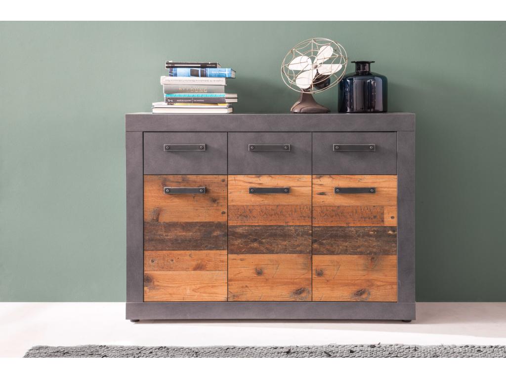 Dormeva 3-Door 3-Drawer Chest of Drawers in Grey Oak Finish with Aged Wood Look. ZZTX18672