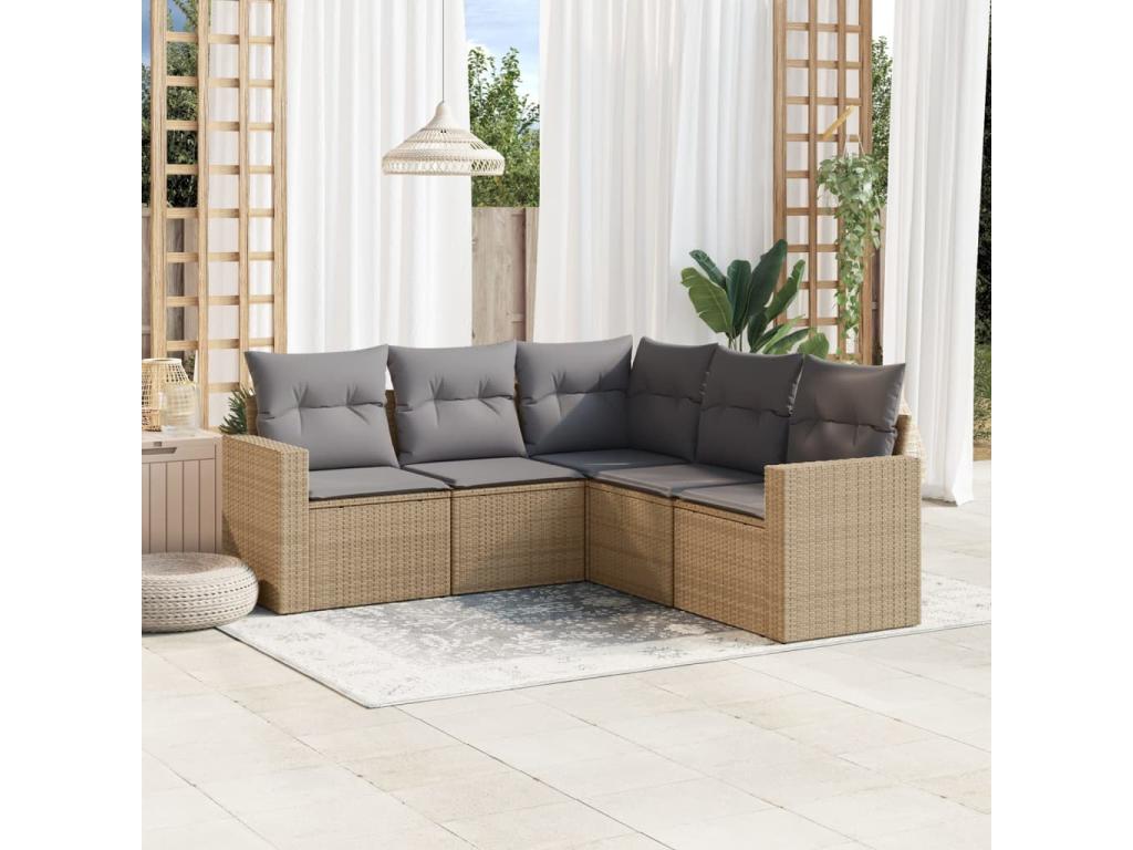 5-piece beige resin wicker garden furniture set with cushions MWCZ95256