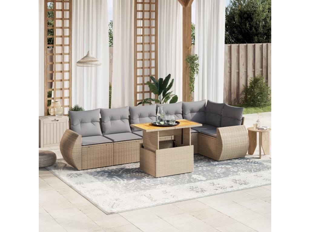 7-piece garden furniture set with cushions, beige woven resin XYLZ79884