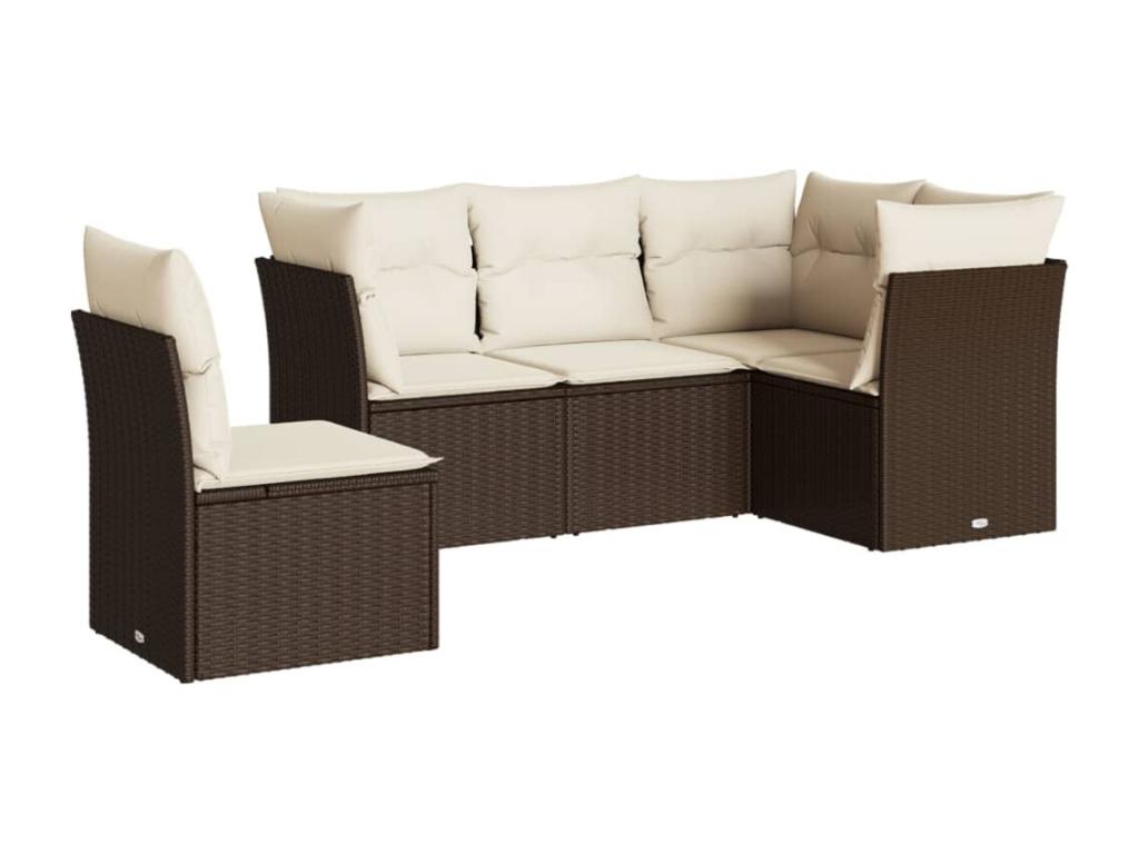 5-piece garden furniture set with cushions, brown woven resin CBMB67076