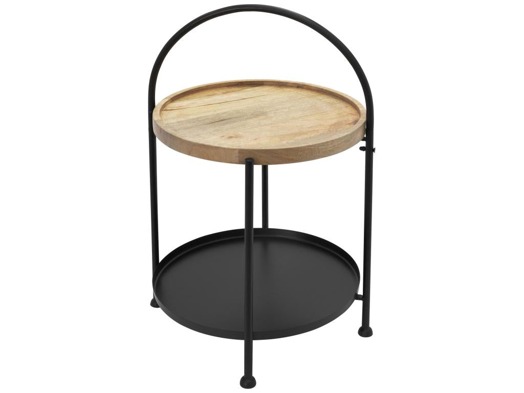 Side table, coffee table, 2 tiers, metal and wood, black, round, 35cm, JZIV61861