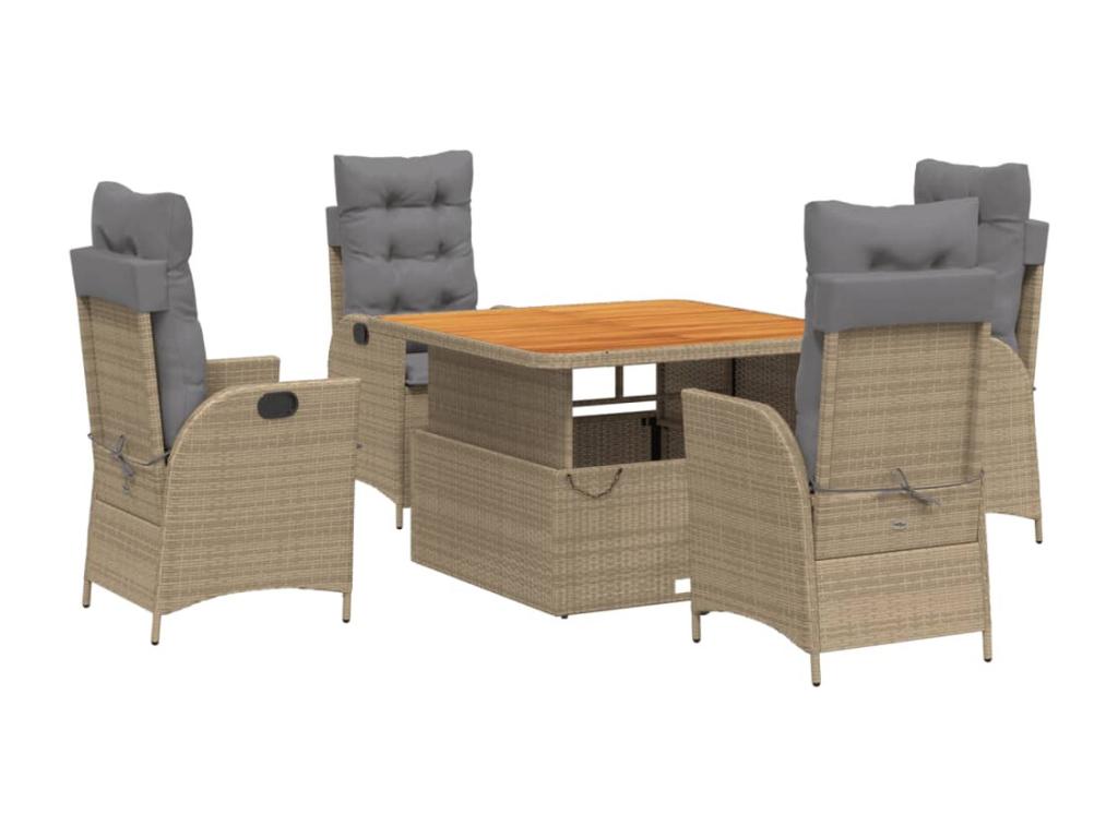5-piece garden dining set with cushions, beige poly rattan, UPHA26527