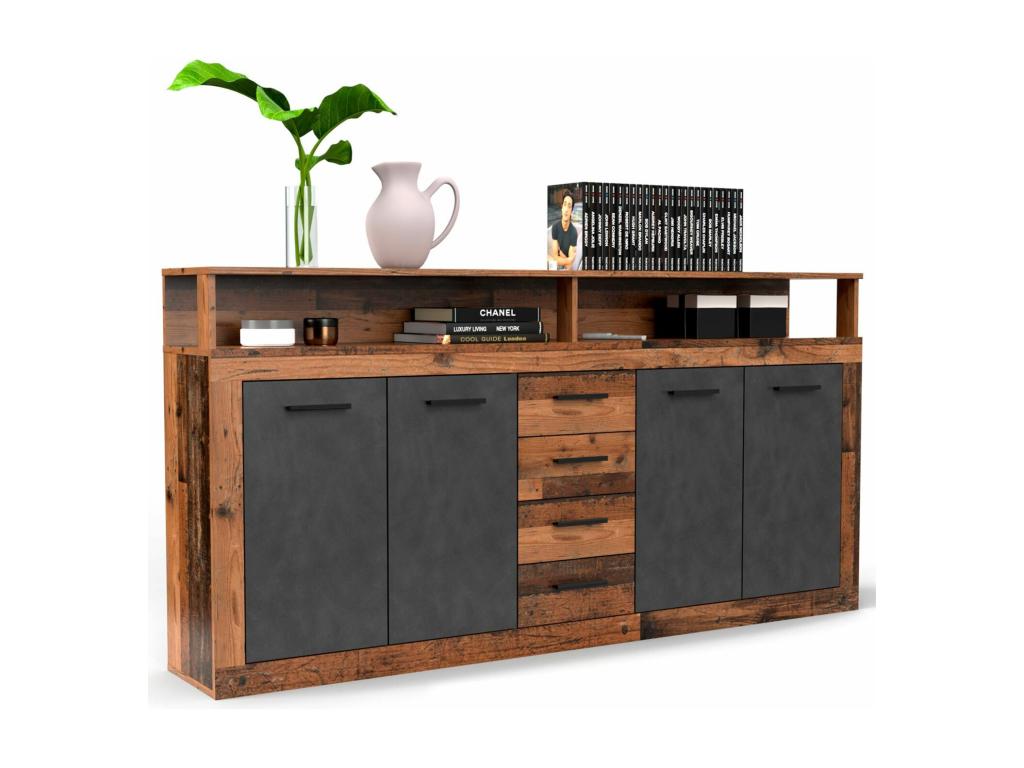 Industrial style sideboard, 190cm wide, 4 doors and 4 drawers, Dormeva, Dark Wood and Grey, AHDV51821
