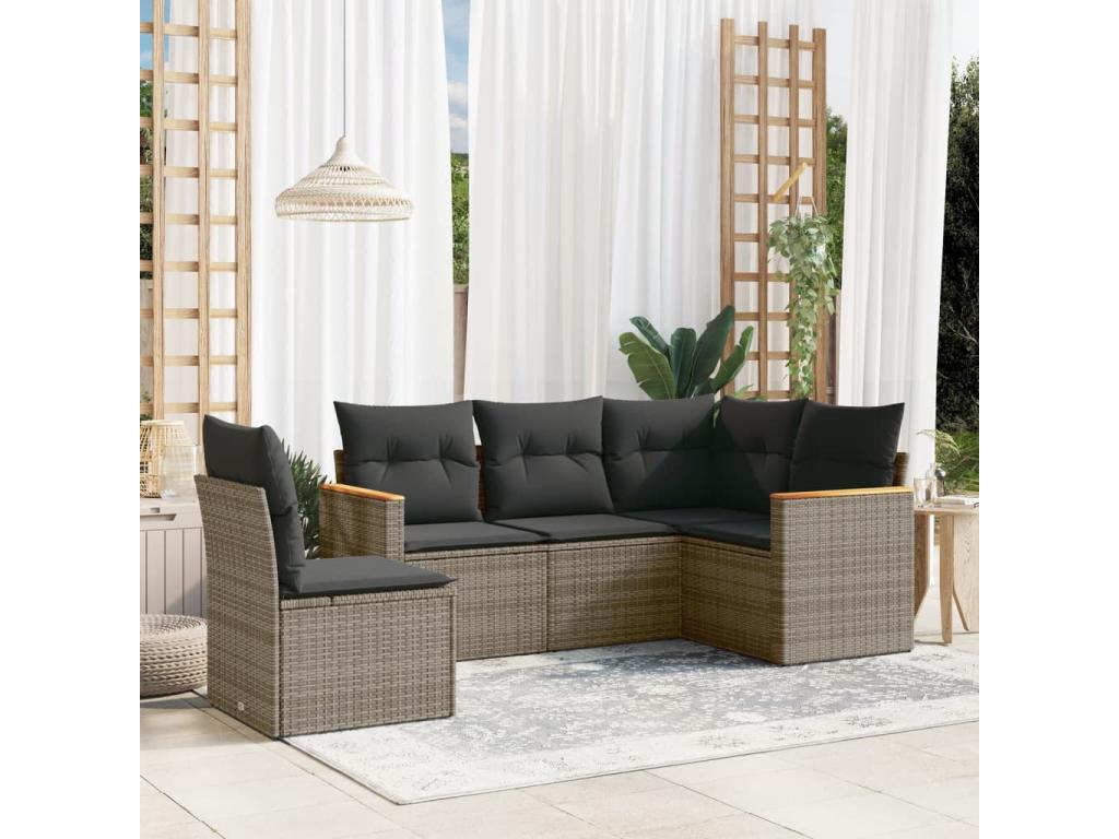5-piece garden furniture set with grey resin wicker cushions NNKT13422