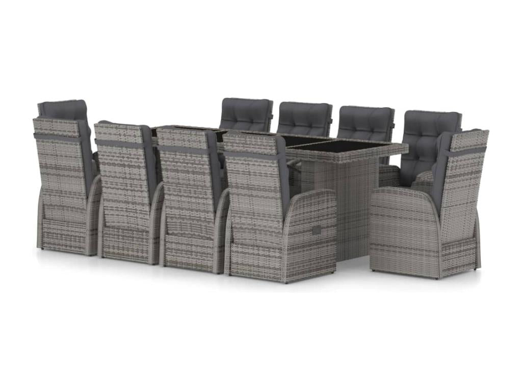 11-piece garden furniture set with cushions, grey wicker resin, QPNW97323