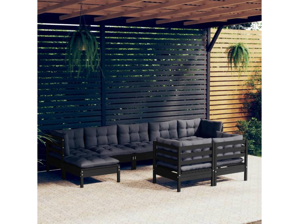 9-piece garden furniture set with cushions, black, solid pine wood, TJDT25681