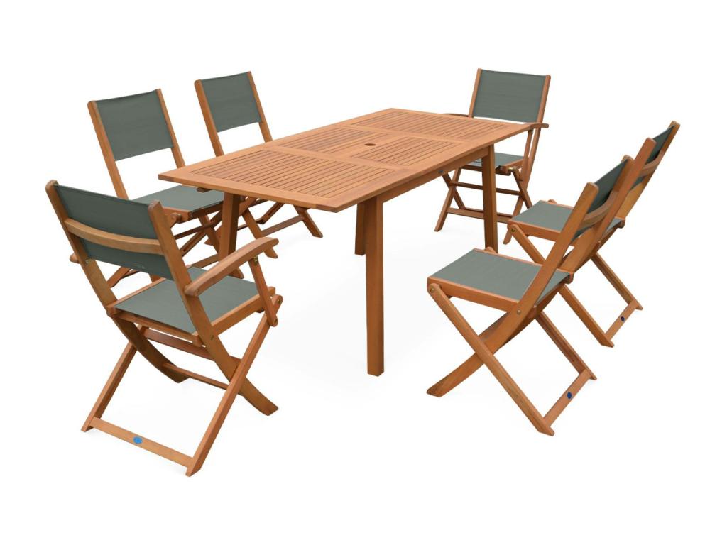 Extendable Savannah Garden Furniture Set - Dormeva - 120/180cm Table with Extension - 2 Armchairs and 4 Chairs - Made of Oiled Eucalyptus Wood and Khaki Textilene STVN72188