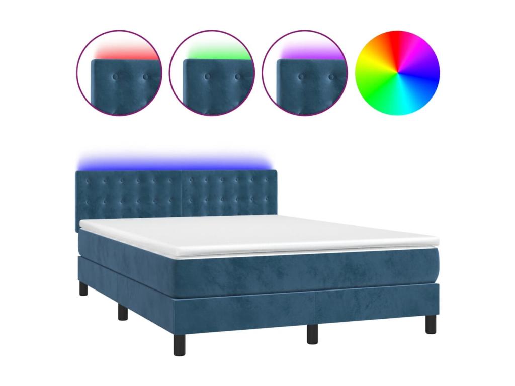 Upholstered bed base with mattress and LED light, dark blue, 140x190 cm, velvet, SOAA74784