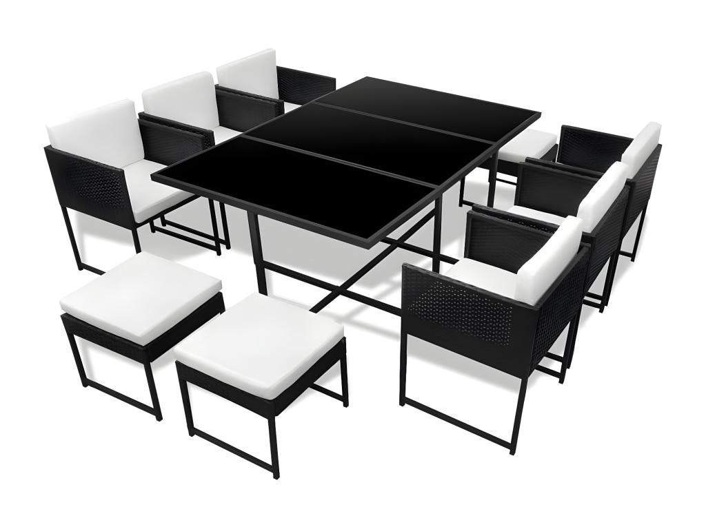 11-piece garden furniture set with cushions, black wicker resin, PKZO94440