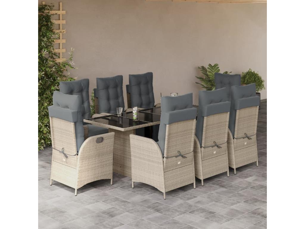 9-piece garden dining set and cushions, light grey rattan ZZPB85971