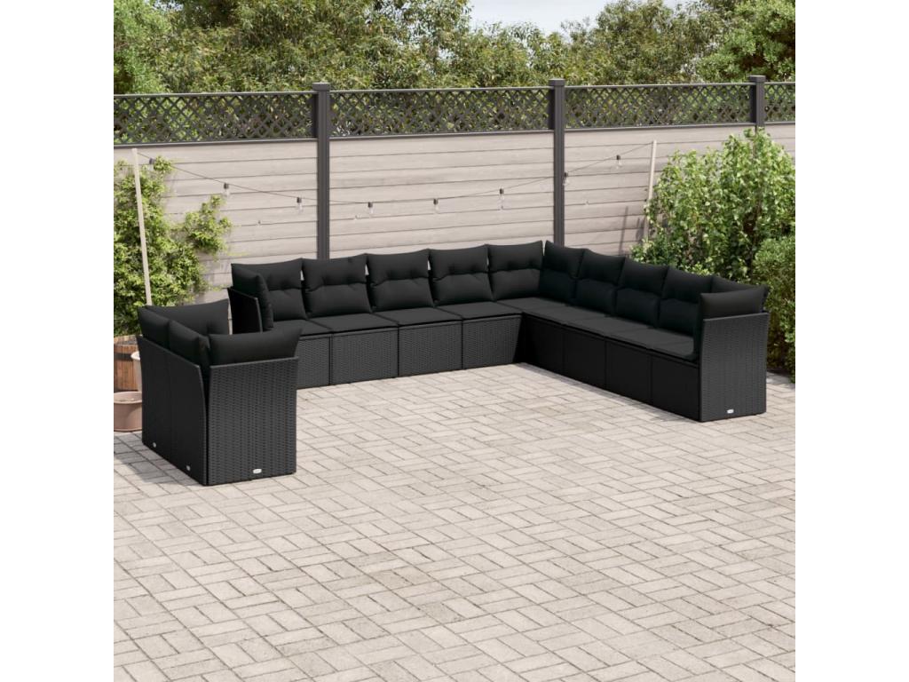 11-piece garden furniture set with cushions, black woven resin SJVL85648