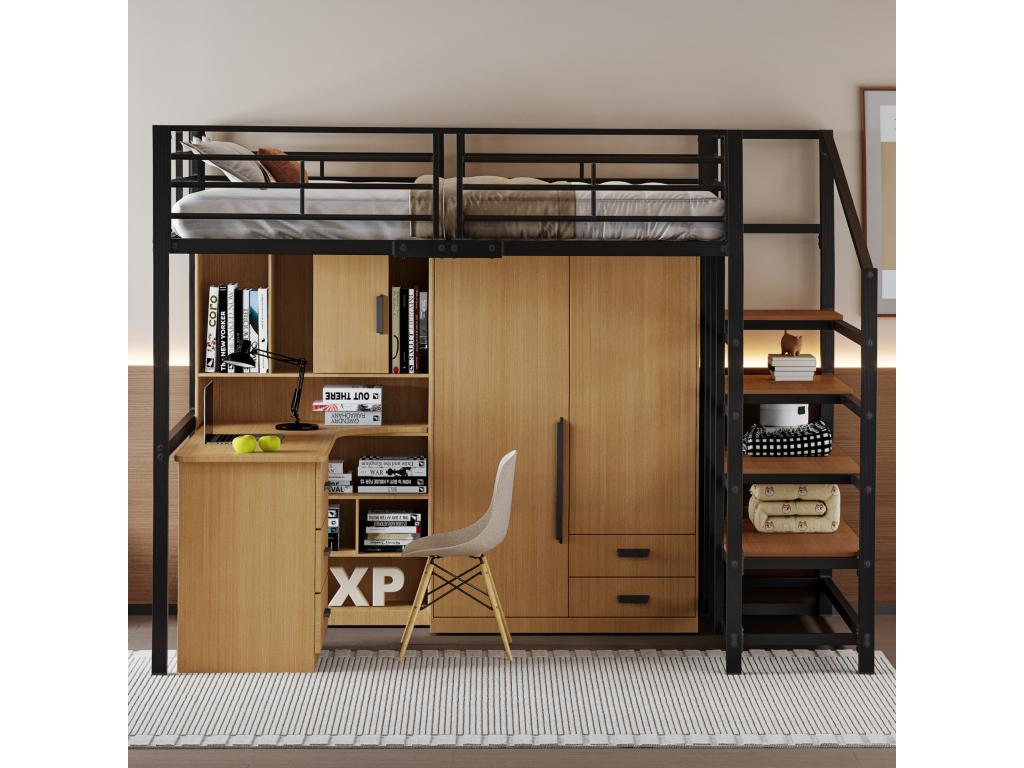 140x200 cm loft bed with large staircase - Metal, plywood, and MDF - Dormeva slatted base - Black VCKQ71071