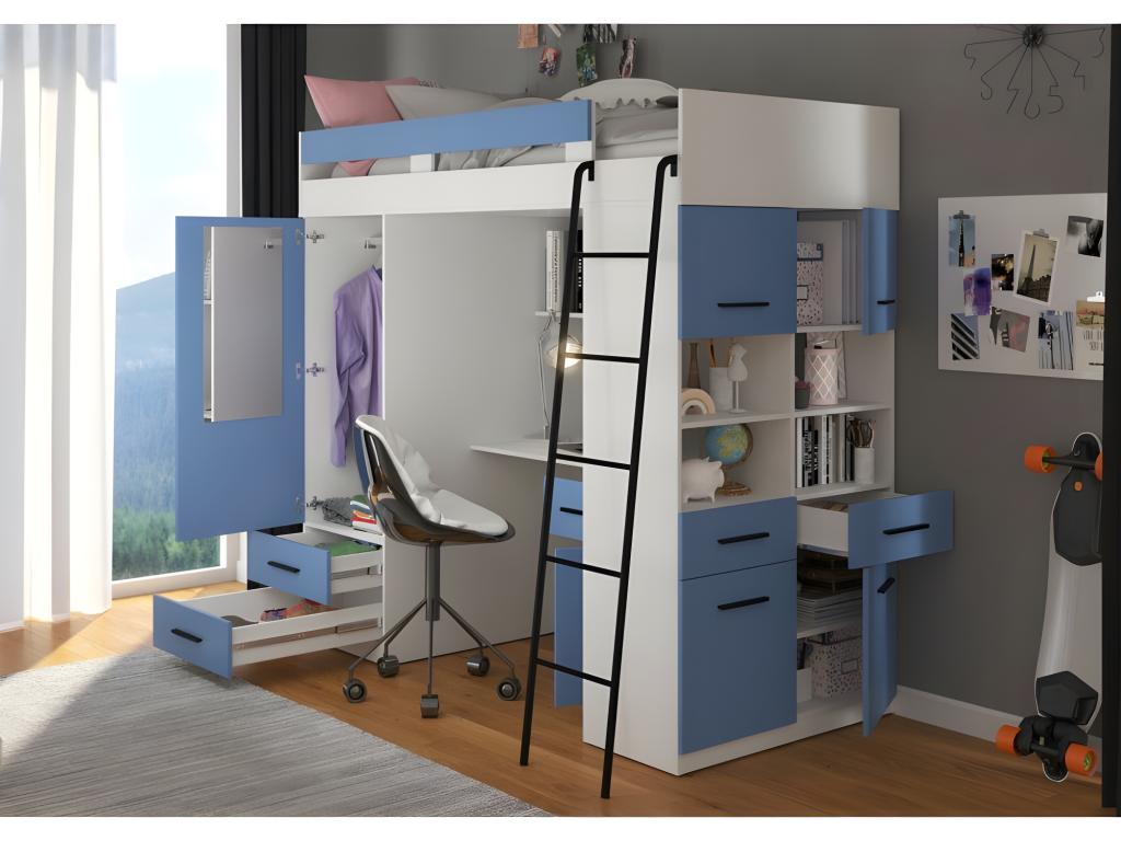 Lysvia P 90x200cm Mezzanine Bed with Ladder, Wardrobe, Desk, Bookshelf and Many Shelves, White/Blue PLGC25188