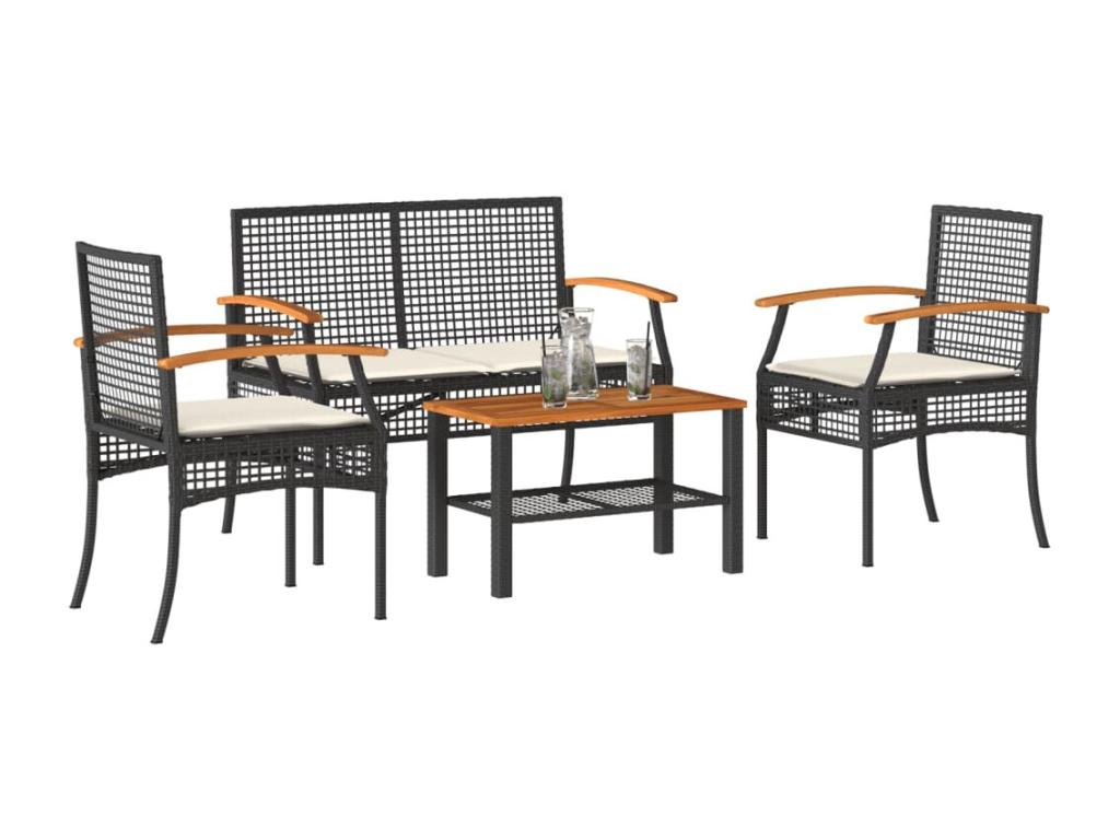 4-piece garden furniture set with cushions, black woven resin, VTYB40376