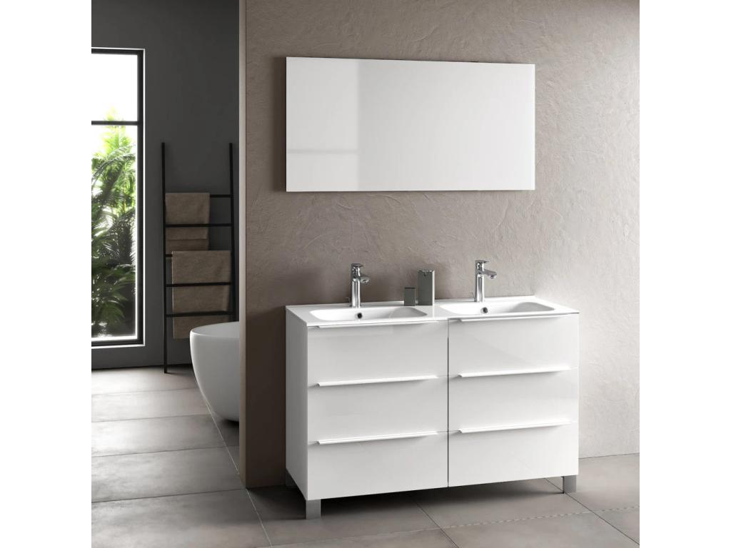 Dormeva 6-drawer bathroom vanity unit in glossy white lacquer and mirror, 120cm wide, AIVD28085