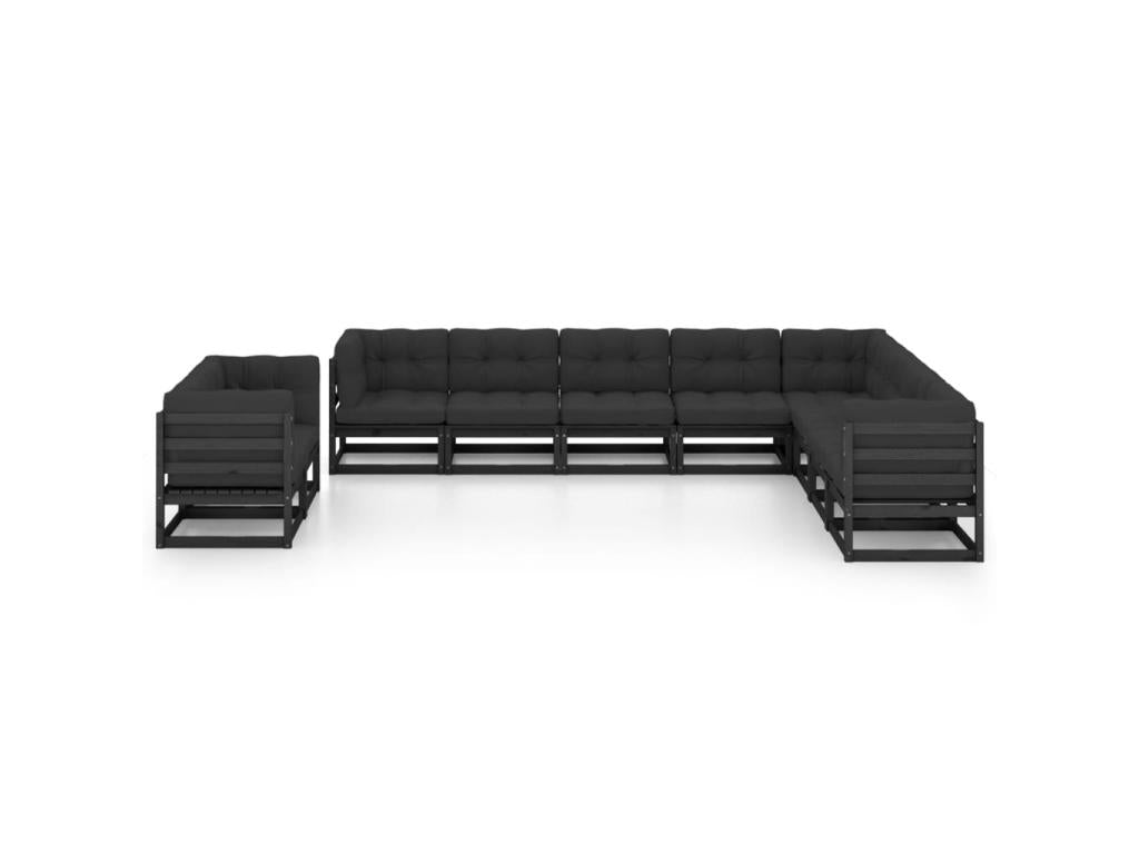10-piece garden furniture set with cushions, black, solid pine wood, 12 USND30547