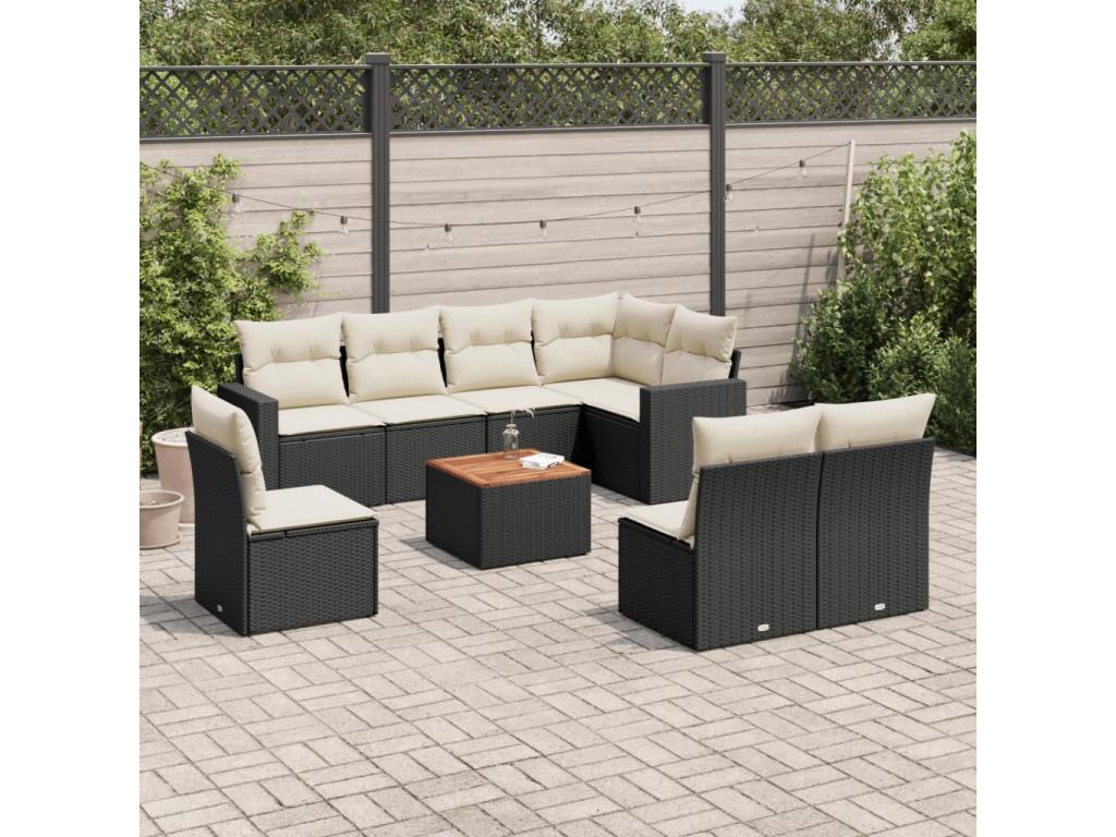 9-piece garden furniture set with cushions, black woven resin NXIO26588