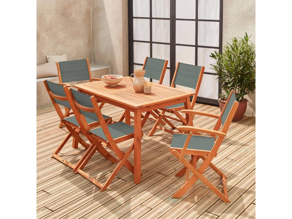 Extendable Savannah Garden Furniture Set - Dormeva - 120/180cm Table with Extension - 2 Armchairs and 4 Chairs - Made of Oiled Eucalyptus Wood and Khaki Textilene STVN72188