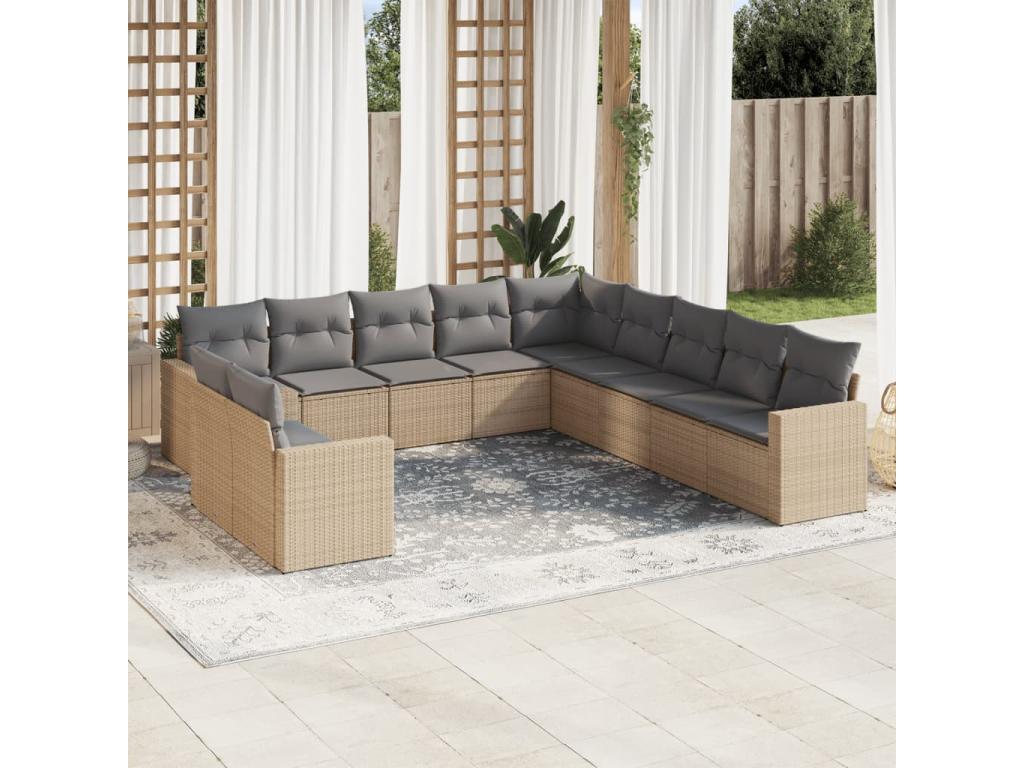 11-piece garden furniture set with beige resin wicker cushions KYPY52609