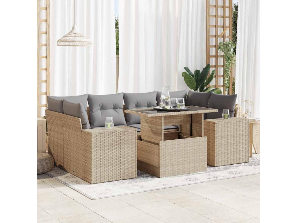 7-piece garden furniture set with cushions, beige woven resin, JKYS23827