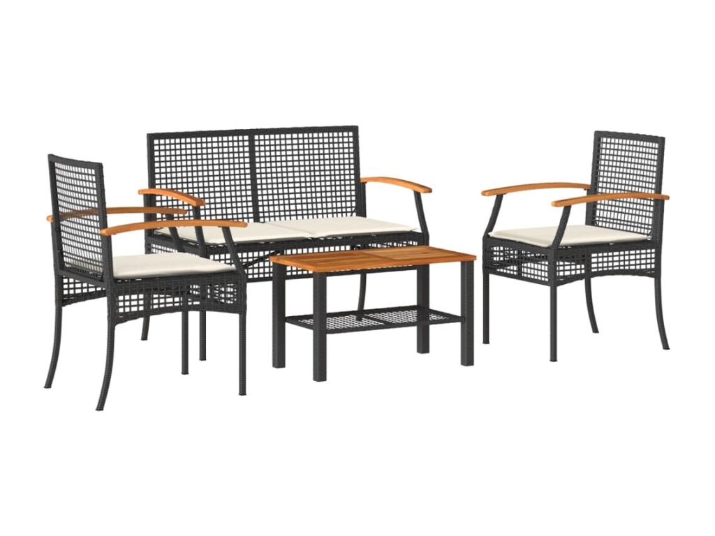 4-piece garden furniture set with cushions, black woven resin, VTYB40376