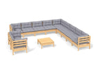 12-piece garden furniture set with grey cushions, solid pine wood KHJI37476