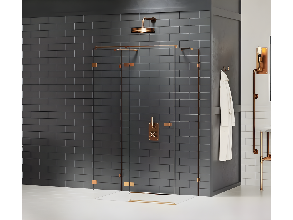Dormeva COPPER BRUSHED left-hand pivot shower enclosure 90x90, brushed copper color, front access RVMH12910