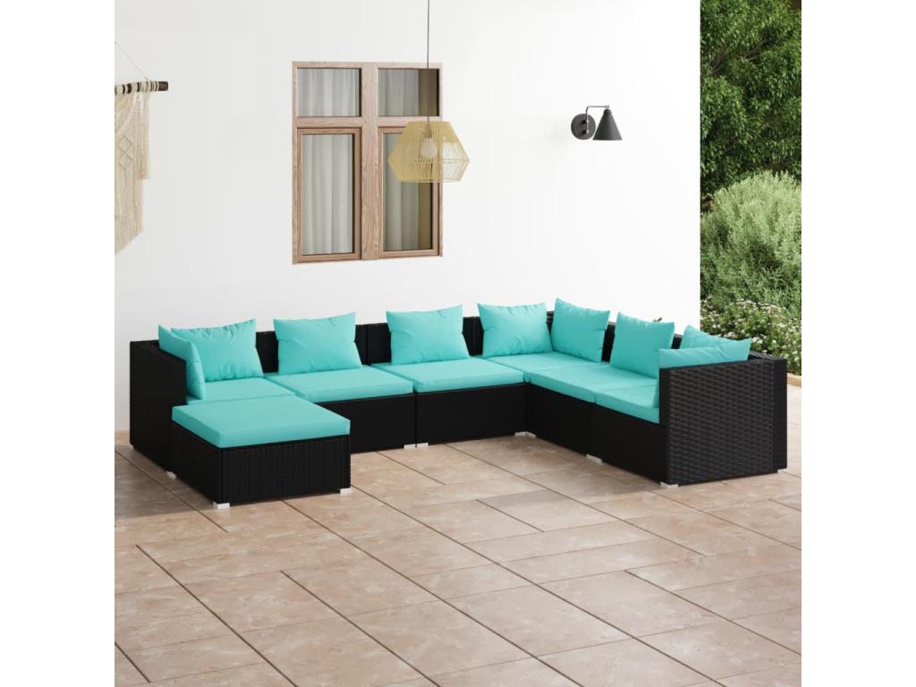 7-piece garden furniture set with cushions, black woven resin, GOHC43900