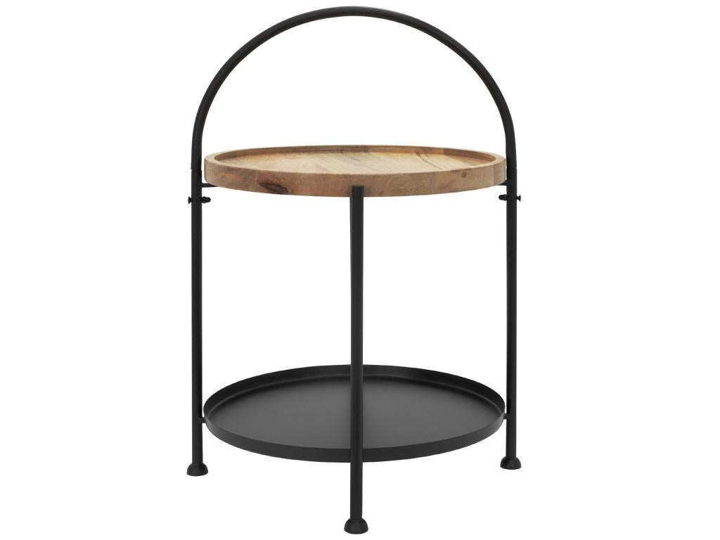 Side table, coffee table, 2 tiers, metal and wood, black, round, 35cm, JZIV61861