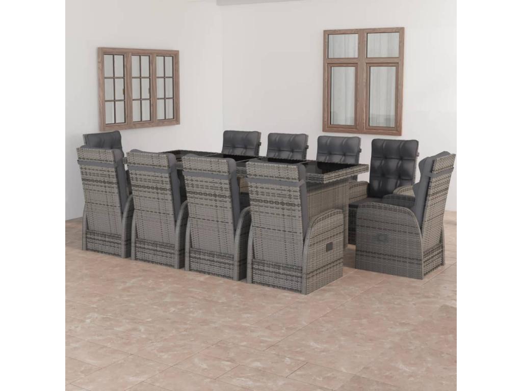 11-piece garden furniture set with cushions, grey wicker resin, QPNW97323