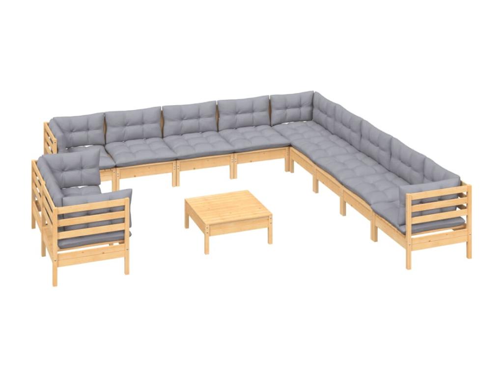12-piece garden furniture set with grey cushions, solid pine wood KHJI37476