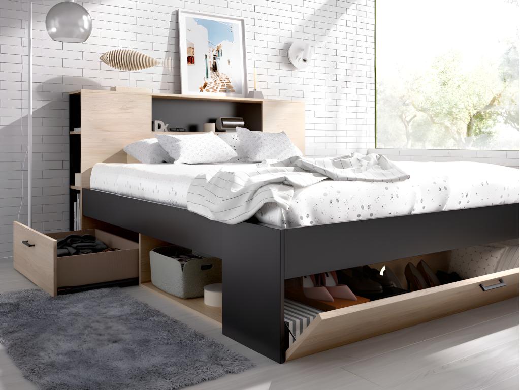 Bed with headboard, storage and drawers - 160x200cm - Natural and anthracite color - Dormeva WWPU64522