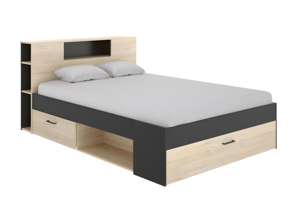 Bed with headboard, storage and drawers - 160x200cm - Natural and anthracite color - Dormeva WWPU64522