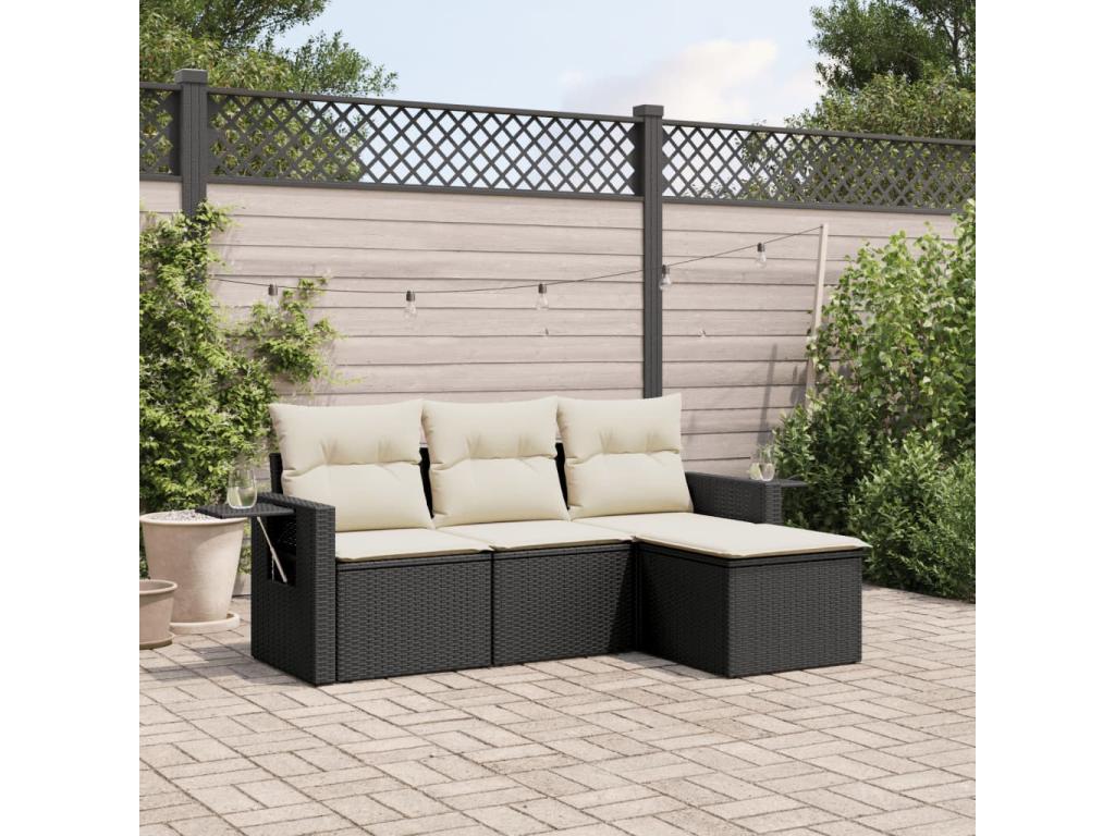 4-piece garden furniture set with cushions, black woven resin JJAN56366
