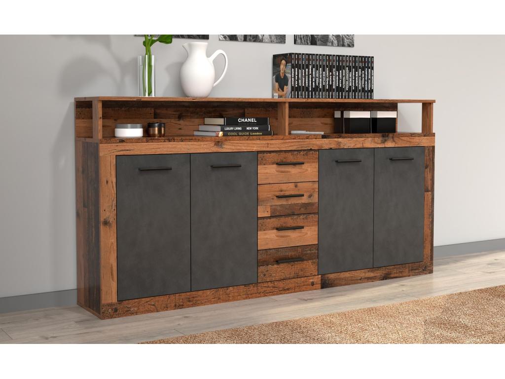 Industrial style sideboard, 190cm wide, 4 doors and 4 drawers, Dormeva, Dark Wood and Grey, AHDV51821