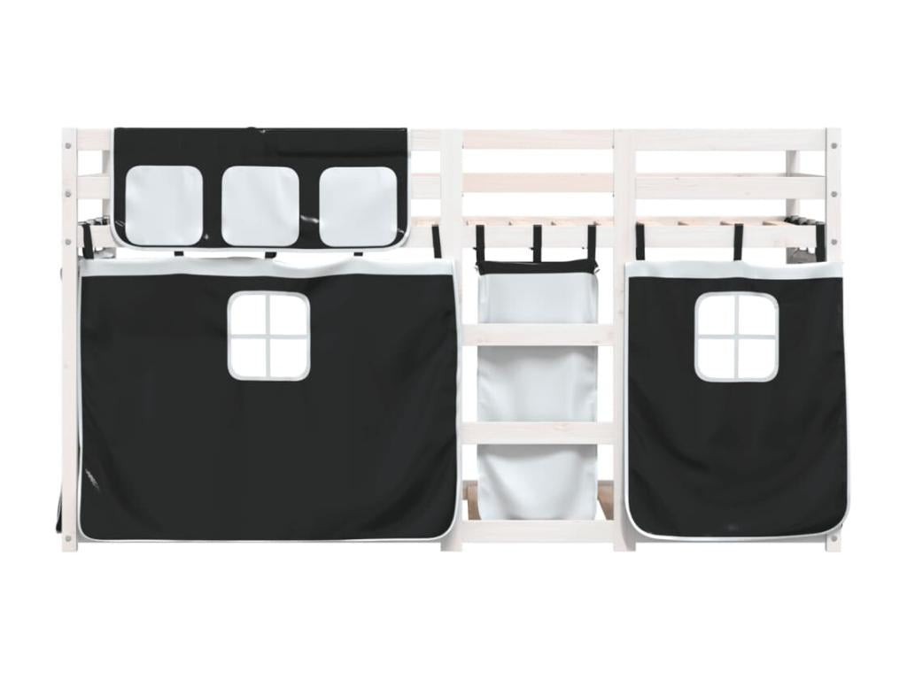 Bunk bed with black and white curtains, 80x200 cm, solid pine wood, FJQM99946