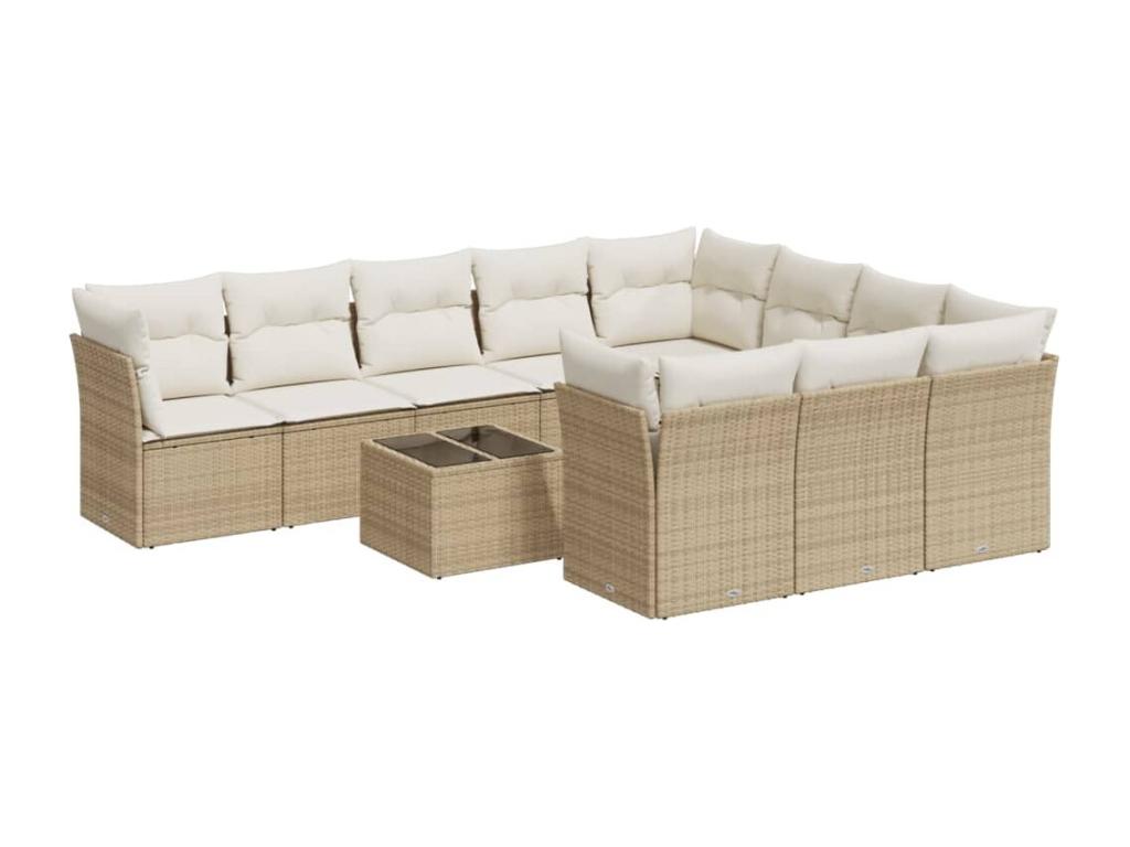 11-piece garden furniture set with beige cushions, woven resin QVDX30917