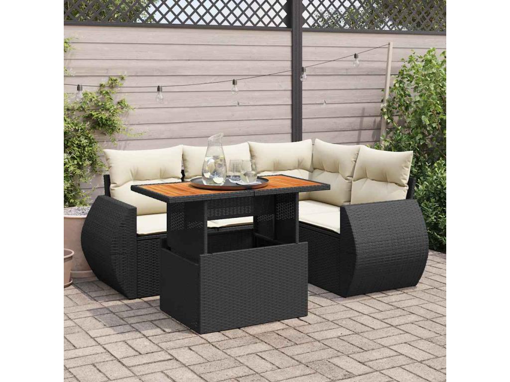 5-piece garden furniture set with cushions, black woven resin AJSF63207
