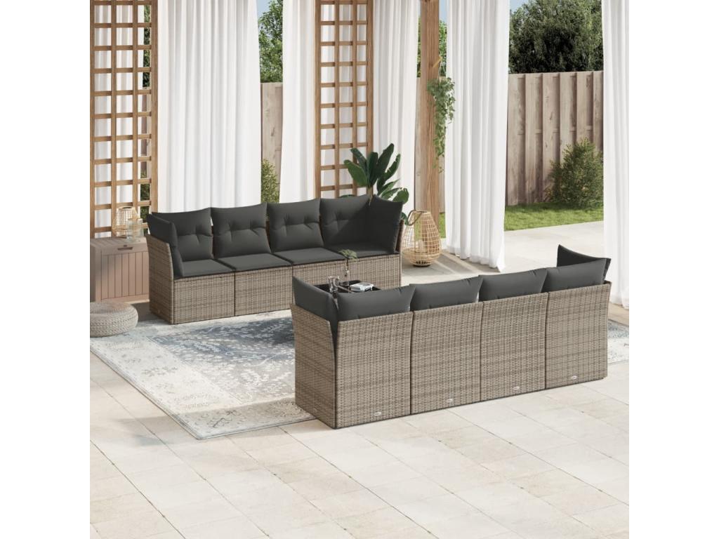 9-piece garden furniture set with grey resin wicker cushions GWDY04786