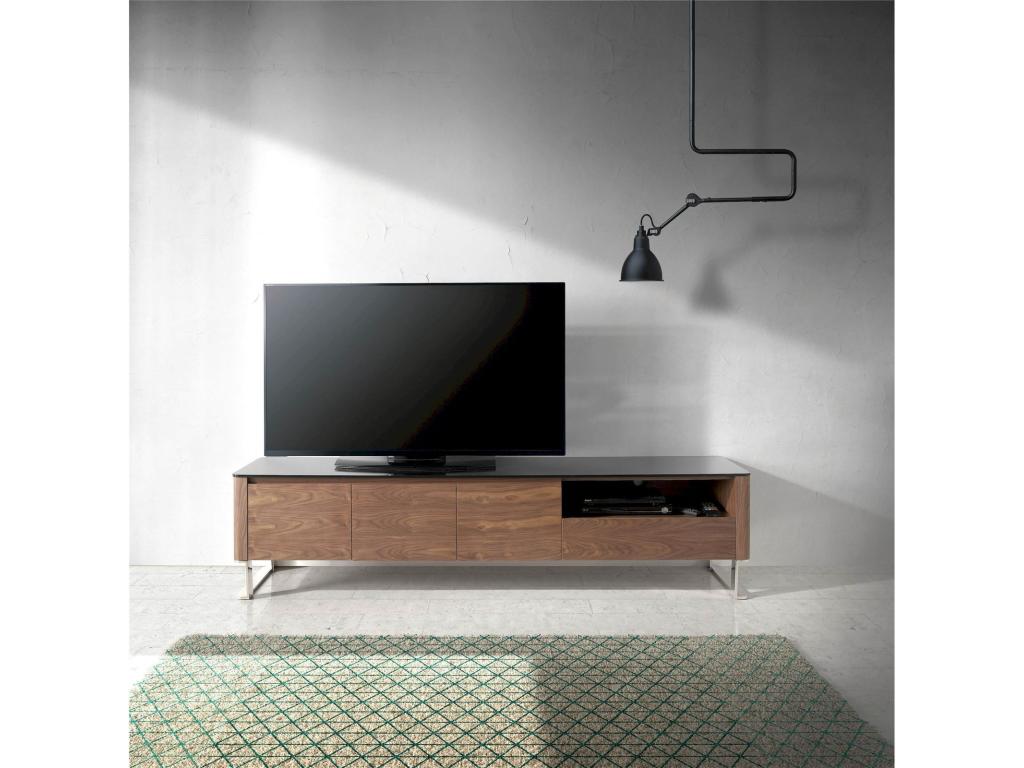 Wooden TV stand with black tempered glass top, 1 drawer and shelves HLUS61362