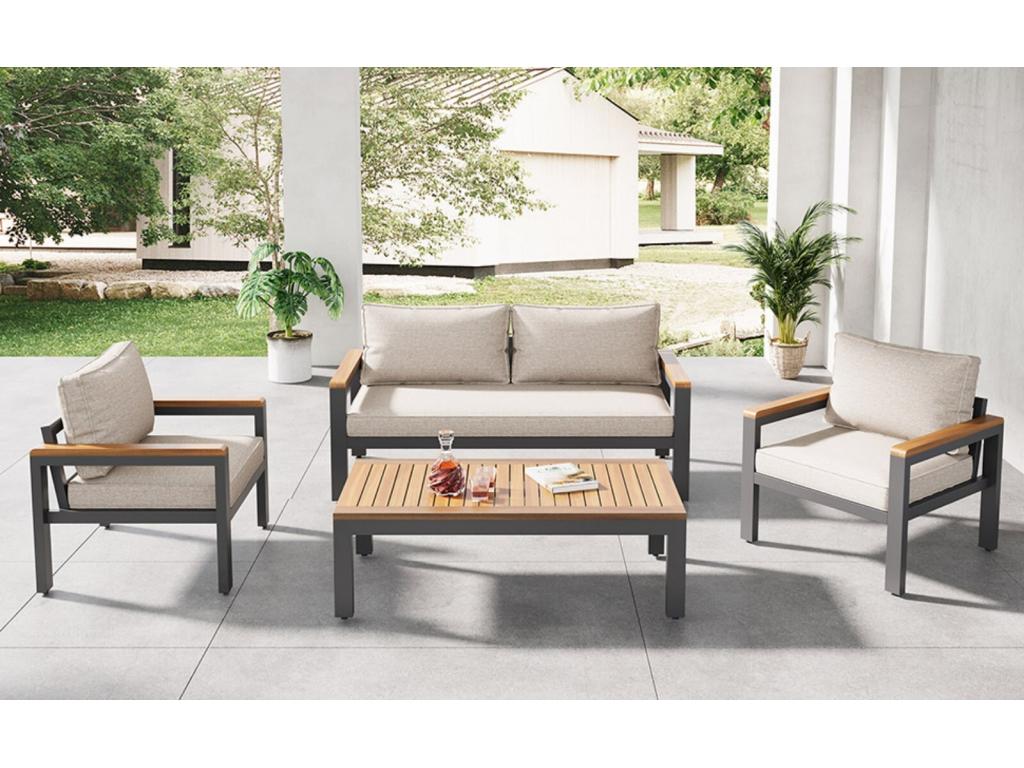 Garden dining set in galvanized steel, 4-seater table and armrests, Dormeva wooden chairs with adjustable legs, Beige ANHN22566