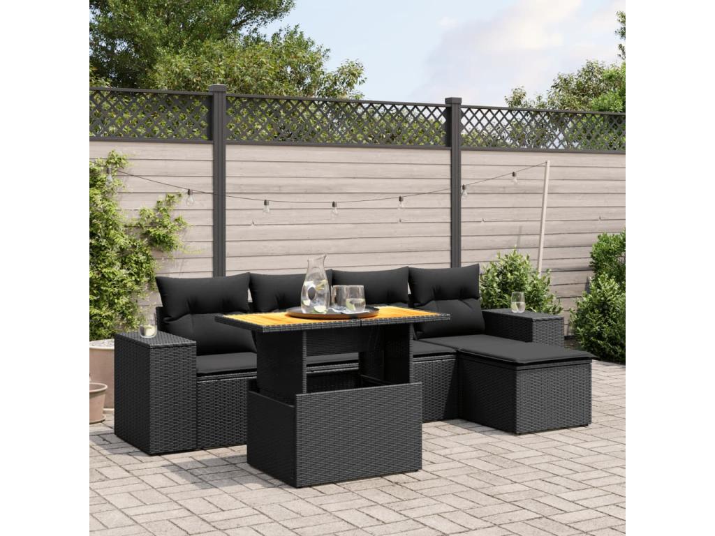 6-piece garden furniture set with cushions, black woven resin KXLB21944