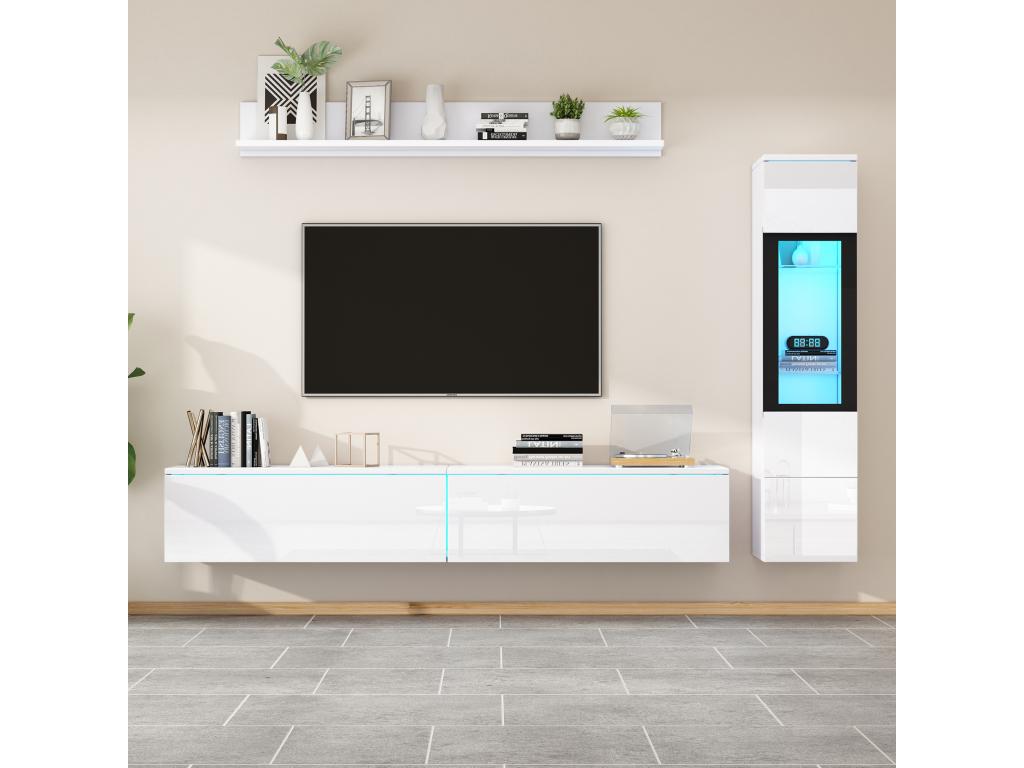 Wall-mounted TV unit with display cabinet - LEDs - Particleboard - Glossy white EPIL15844