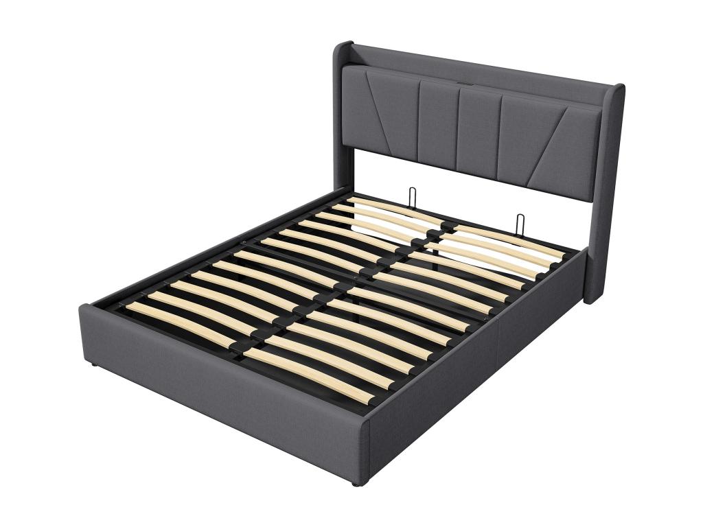 Dormeva 140x200cm Linen Fabric Storage Bed with USB Port - Headboard and Slatted Base - Grey WUPN34227