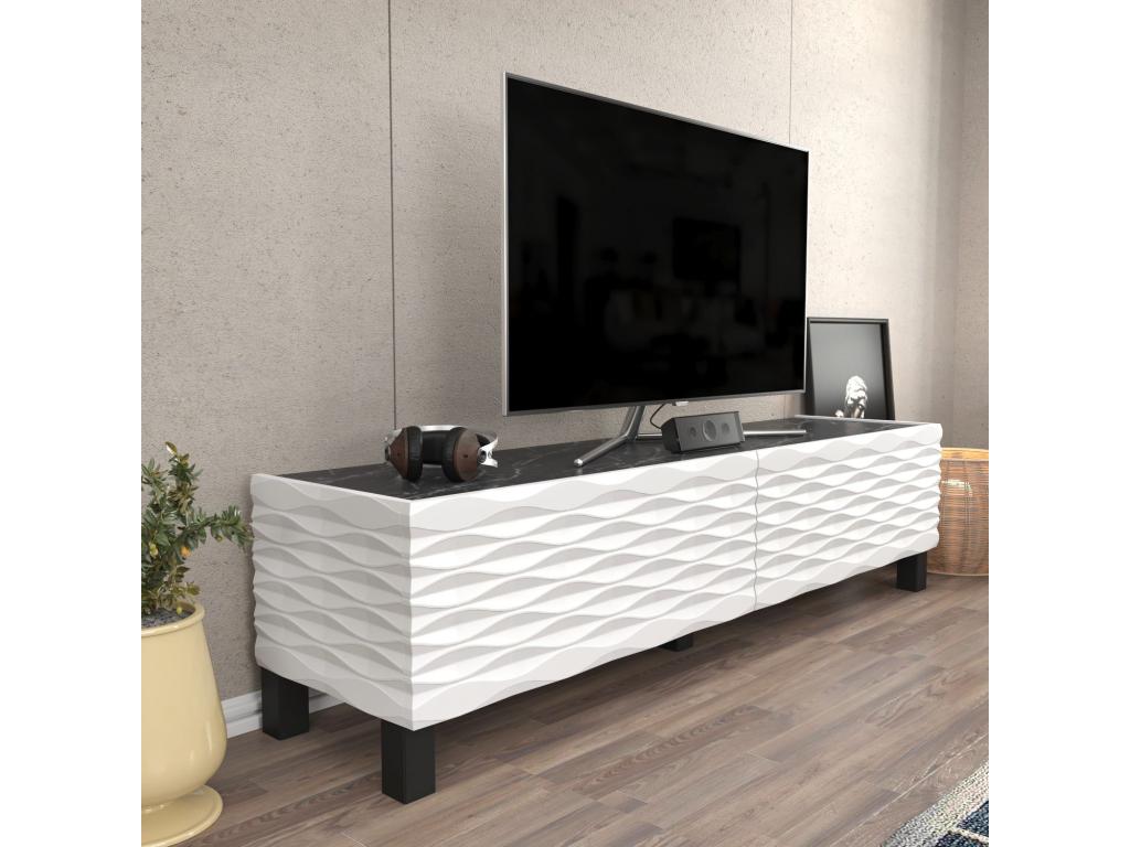 Dormeva 149cm White and Black Marble Effect TV Stand with 2 Tilt-Down Doors HLNE76898